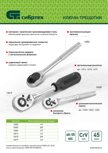 Ключ-трещотка 1/2", 45 зубьев, с быстрым сбросом, CrV, хром Сибртех по ценам производителя в Санкт-Петербурге с доставкой по всей России